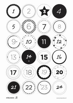 a black and white calendar with numbers for each month in the circle, which are numbered by