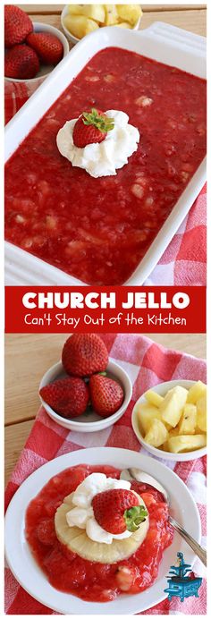 some strawberries and bananas are in bowls on a red checkered tablecloth with the words church jello can't stay out of the kitchen