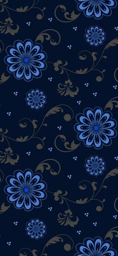 blue flowers and swirls on a black background