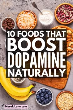 10 Foods That Boost Dopamine Naturally | If you suspect you have a dopamine deficiency and want to know how to boost your levels naturally, this post is a great resource. We're sharing the signs and symptoms of low dopamine, common causes, plus a list of delicious foods that increase dopamine. If you want to know how to fix a dopamine deficiency, food is a great natural remedy and you can make tons of tasty recipes using these items, creating your very own dopamine diet! Dopamine Rich Foods, Dopamine Diet Meal Plan, Natural Dopamine Boosters, Dopamine Boosters, Natural Dopamine, Dopamine Deficiency, Parkinson Diet, Low Dopamine, Boost Dopamine