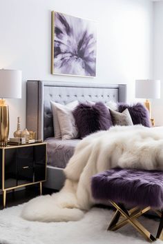 Plum And Silver Bedroom, Purple And Gold Bedroom Ideas For Women, Black And Lavender Bedroom, Purple Adult Bedroom, Magic Room, Purple Bedroom Decor, Guest Bedroom Design