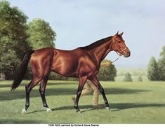 a painting of a brown horse walking across a lush green field with trees in the background