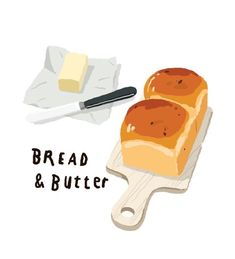 bread and butter on a cutting board next to a knife