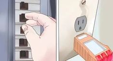 a hand is pressing the button on an electrical device that is plugged into a switch box