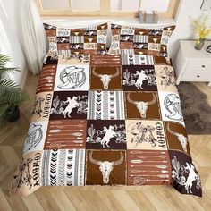 this is a bed with a cow skull on it