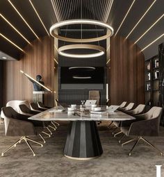 an elegant dining table surrounded by chairs in a room with wood paneling and lighting