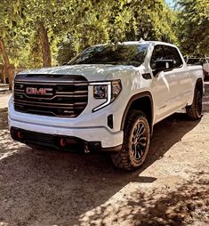 a white truck is parked in the dirt