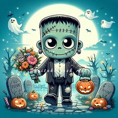 a cartoon zombie holding a bouquet of flowers in front of tombstones and pumpkins