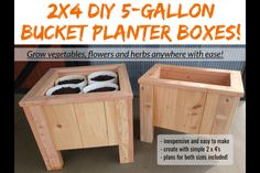 two wooden planters with plants in them on display for $ 4 each or 5 gallon bucket planter boxes