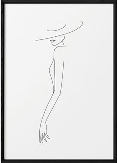 a black and white drawing of a woman with a hat on her head