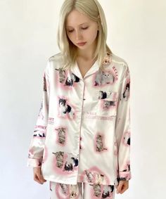 Kawaii Pajamas Hello Kitty Cat, Kawaii Pajamas, Satin Pajama Set, Cute Coquette, Personalized Pajamas, Cute Pajama Sets, Satin Set, Satin Pajama, Silk Set