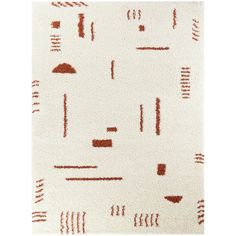 a white rug with red lines and shapes on it