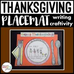 a thanksgiving placemat with the words happy thanksgiving written in white and black on it