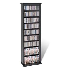 a tall black shelf with many dvds on it