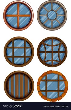 four round windows with wooden frames and bars on the glass, isolated from white background