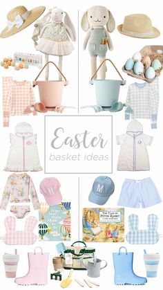 a collage of easter items including hats, bibs and boots