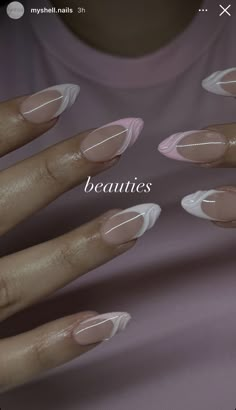 Almond Hoco Nails, Oval Aura Nails, Long Oval French Tip Nails, Swirly Pearl Nails, Aura Nails With Pearls, Aura Nail Designs Almond, Almond Shape Nail Designs, Pink Aura Nails With Chrome, Holloween Nails