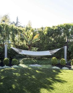 an empty hammock in the middle of a garden