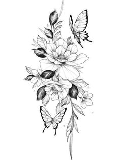 a black and white drawing of flowers with butterflies