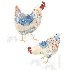 two blue and white chickens standing next to each other