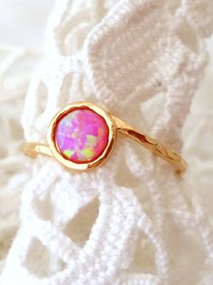 Opal ring Pink Opal ring Gemstone ring Gold by EldorTinaJewelry Dainty Gemstone Toe Ring, Pink Stackable Ruby Ring For Promise, Pink Ruby Stackable Ring For Promise, Pink Stackable Ruby Promise Ring, Pink Round Stone Promise Ring, Minimalist Pink Crystal Ring As Gift, Opal Gemstone Stackable Rings Gift, Opal Gemstone Stackable Gift Rings, Adjustable Pink Opal Ring