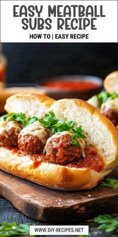 meatball subs with sauce and parsley on a cutting board