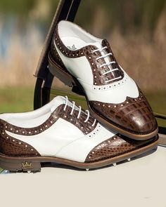 a pair of brown and white shoes sitting on top of a car window sill