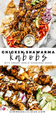 chicken shawama kabobs with creamy garlic and cucumber salad on the side