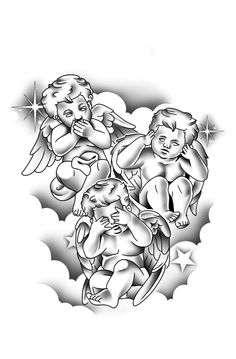 an angel tattoo design on the back of a man's chest, with two cherubs