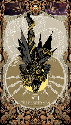 a poster with an image of a dragon on it's head and the words xxii, the hanged man