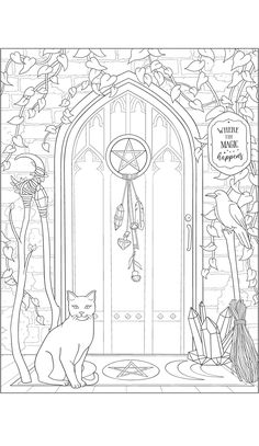 a coloring page with a cat sitting in front of a door