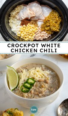 the crockpot white chicken chili is ready to be eaten