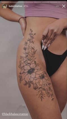 Girly Front Thigh Tattoos, Bouquet Hip Tattoo, Thigh To Rib Tattoo Women, Thigh To Stomach Tattoos Women, Down The Hip Tattoo, Big Flower Hip Tattoo, Long Side Tattoos Women, Upper Thigh Hip Tattoo Women, Boho Hip Tattoo