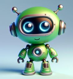 a green robot with big eyes and headphones