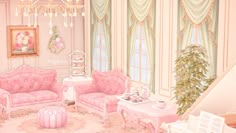 a living room filled with pink furniture next to a white piano and potted plant