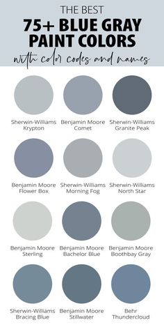 the best blue gray paint colors for walls and ceilings, with text overlaying them