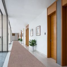 an empty hallway with plants and pictures on the wall