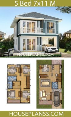 three story house plan with 3 beds and 1 bathrooms in the front, one bedroom on the