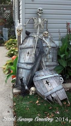 a skeleton sitting on top of a wooden barrel next to a planter filled with skeletons