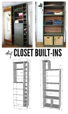 an open closet with shelves and baskets in it