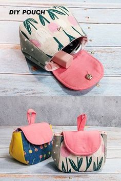 two small purses sitting on top of each other with different designs and colors in them