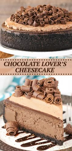 chocolate lover's cheesecake on a white plate with the words, chocolate lover's cheesecake