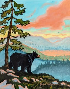 a painting of a black bear standing on top of a hill next to a tree