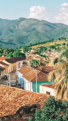 an aerial view of a village with mountains in the back ground and palm trees on either side