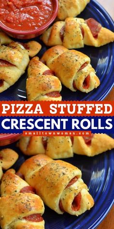 pizza stuffed crescent rolls on a blue plate