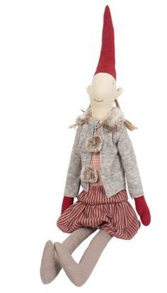 a stuffed toy with a red and white striped dress on it's legs, sitting in the air