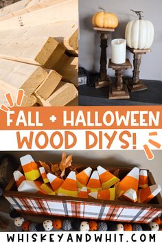 some pumpkins, candles and other decorations are on display in this collage with the words fall and halloween wood diys