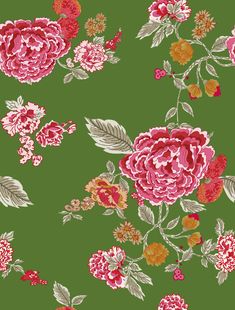 a green floral wallpaper with red and pink flowers on the left side of it