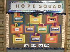 a bulletin board that has different types of words and pictures on it, including the word hope