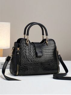 Black Casual,Elegant Collar  PU Leather Textured Pattern Bucket Bag,Boston Bag Embellished   Women Bags